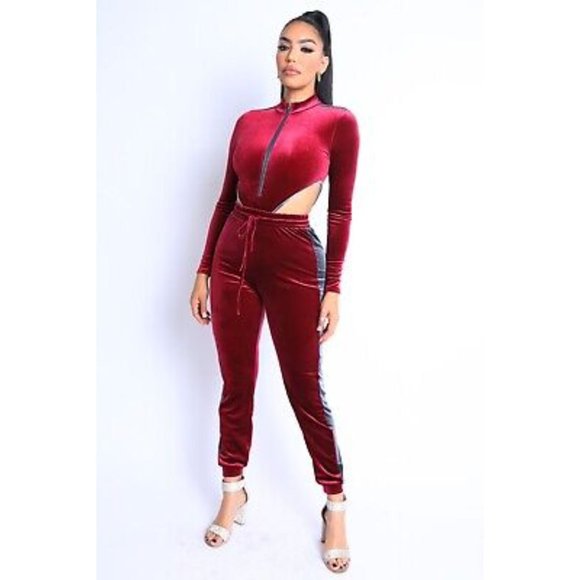 Women's Sexy Cute Velvet Bodysuit and Matching Jogger Pants 2 Piece Set S M L - Picture 11 of 11